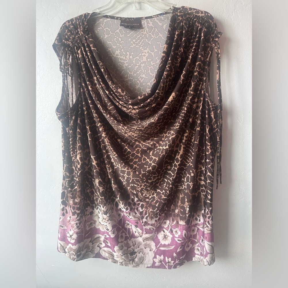Dana Buchman Sleeveless Cowl Neck Brown Animal Print Blouse Side Tie Size 2XL